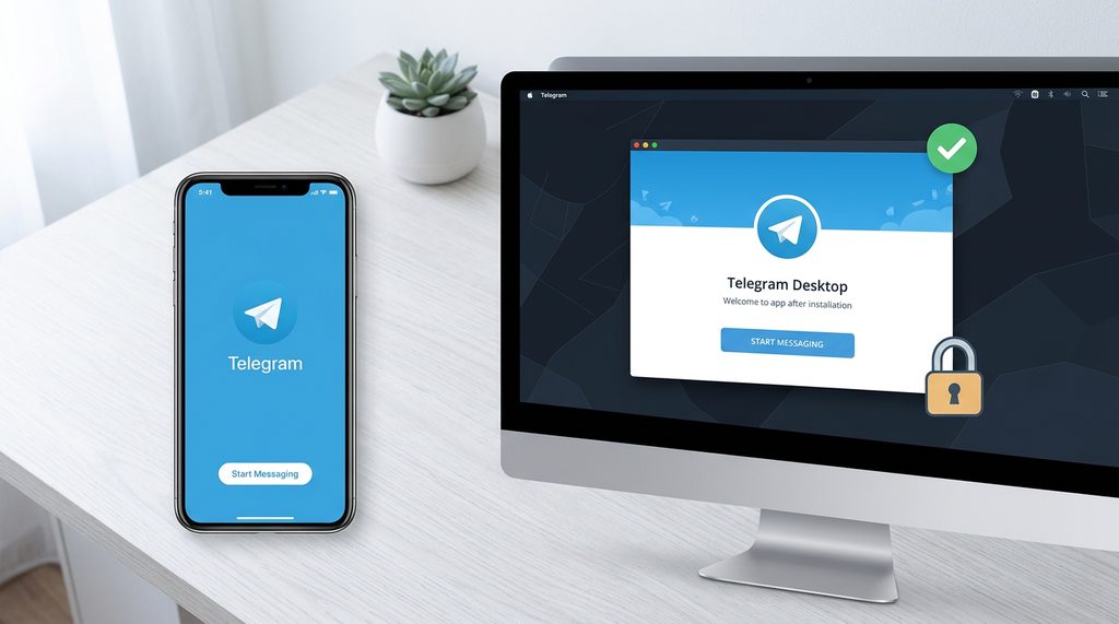 一个清爽的桌面或手机界面，展示Telegram下载安装完成后的欢迎界面，风格简洁现代，16:9比例