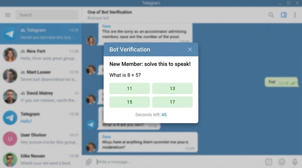 一个Telegram机器人界面，显示着正在向新用户发送数学验证题的弹窗，设计简洁明快