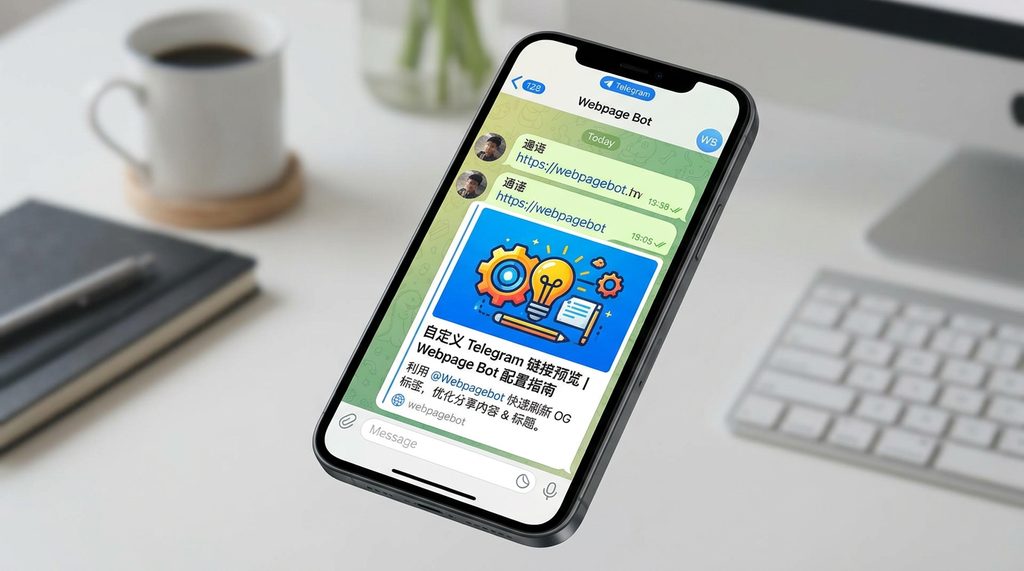 一个手机屏幕显示 Telegram 聊天界面，通过 @Webpagebot 成功预览自定义网页链接的