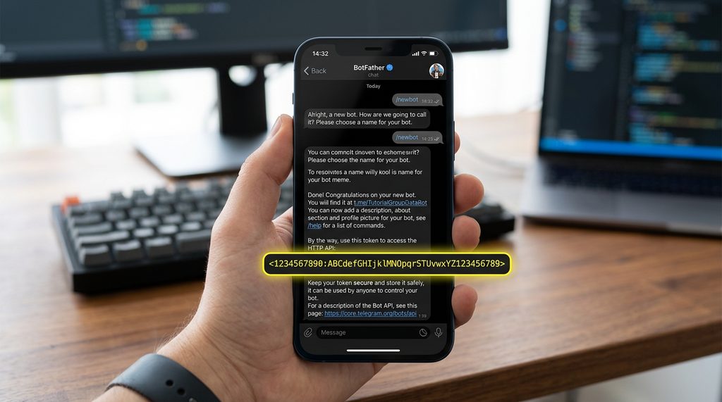 一个简洁的手机界面截图,显示BotFather的对话框,高亮显示获取到的API Token字符串