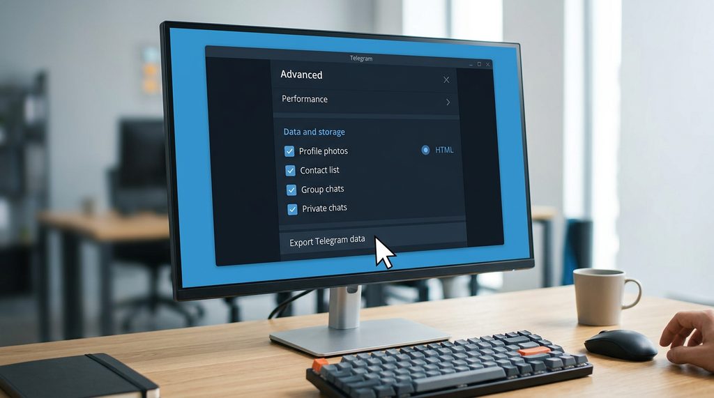 电脑屏幕显示Telegram设置菜单，鼠标正点击导出聊天记录选项，界面清晰明了