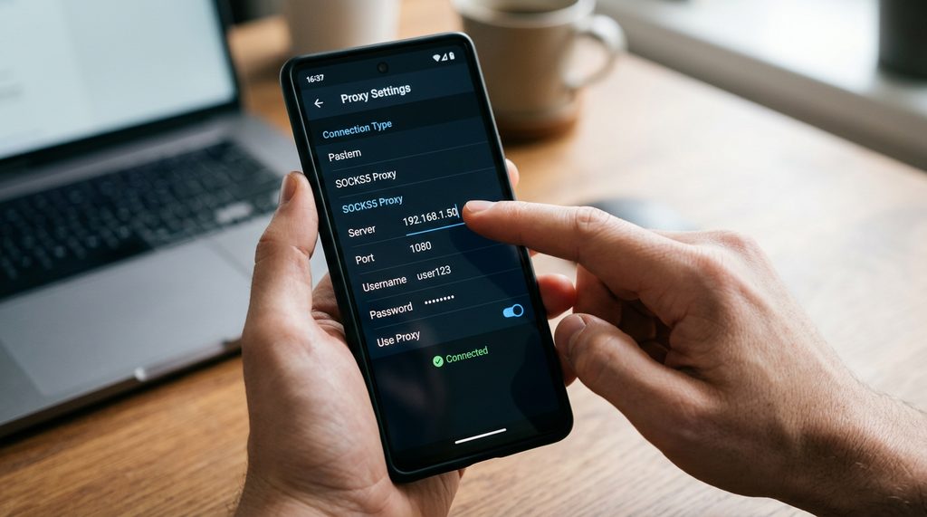一台智能手机界面,显示Telegram网络设置菜单,用户正在配置SOCKS5代理信息的特写镜头