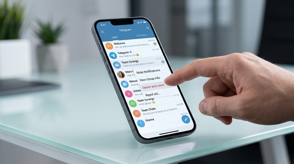 一台智能手机展示 Telegram 聊天列表，手指正点击群组菜单中的“删除并离开”选项，背景简洁