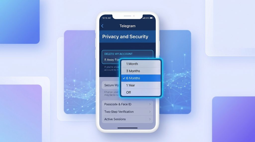 手机设置界面显示Telegram自动注销选项的截图,突出显示时间选择菜单