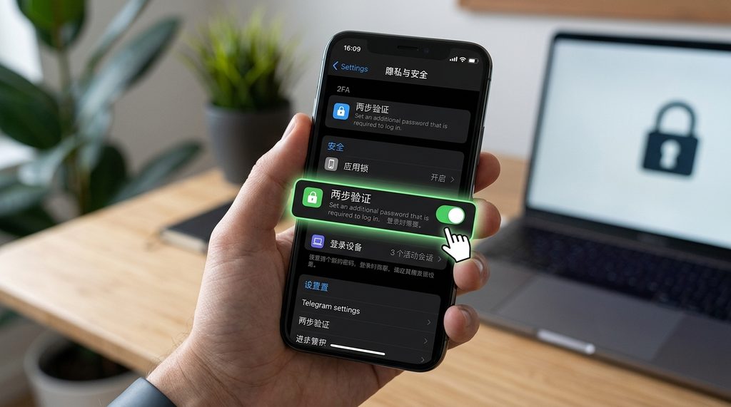 用户手机界面，展示Telegram隐私设置菜单，突出显示“两步验证”开关的细节图