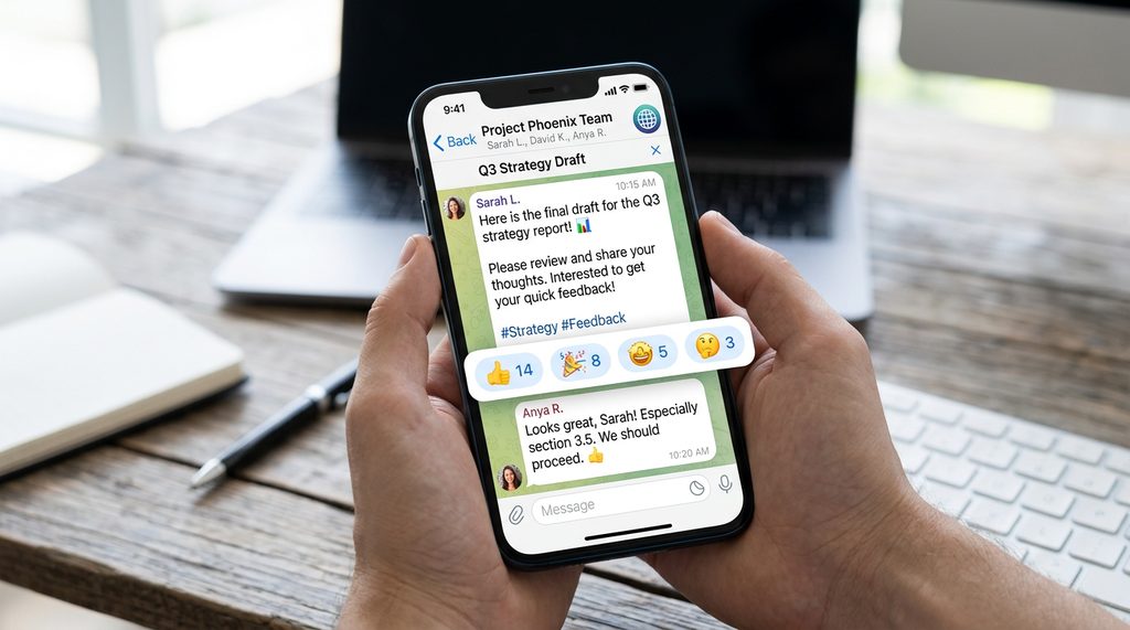 一个Telegram手机界面截图，显示消息下方有多个表情符号气泡，显示出不同用户留下的点赞和表情反应