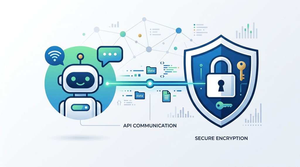 一张现代感十足的极简风格插画，展示机器人图标与加密盾牌连接的科技感视觉