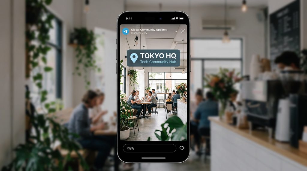 一个手机界面展示Telegram频道发布的一张咖啡厅场景照片，上方贴有自定义地理位置标签，界面清晰简