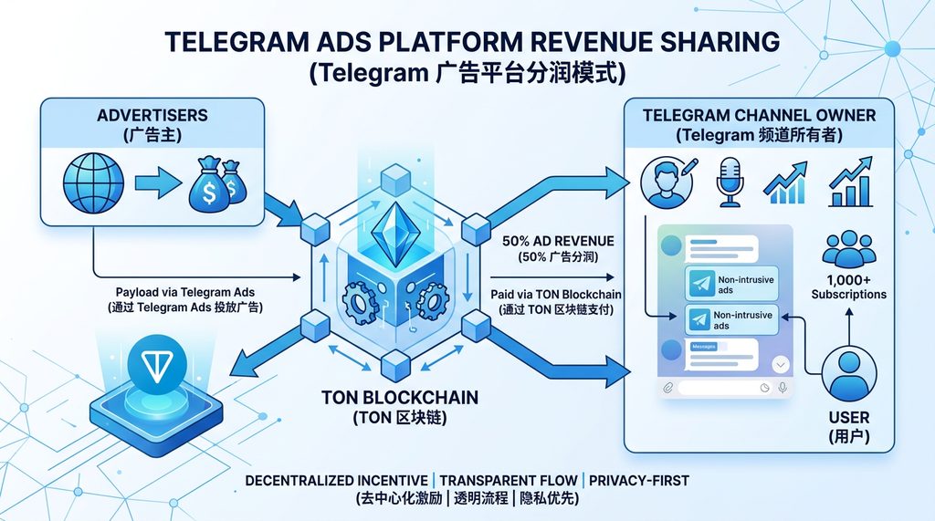 一张简洁的科技风格信息图，展示Telegram频道、广告主与TON区块链之间的资金流动闭环，采用蓝白