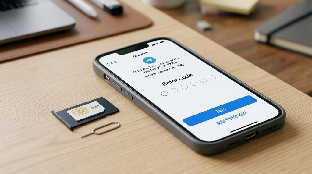 手机屏幕显示Telegram验证码输入界面，旁边放着SIM卡和简洁的手机，强调安全便捷的注册过程，1