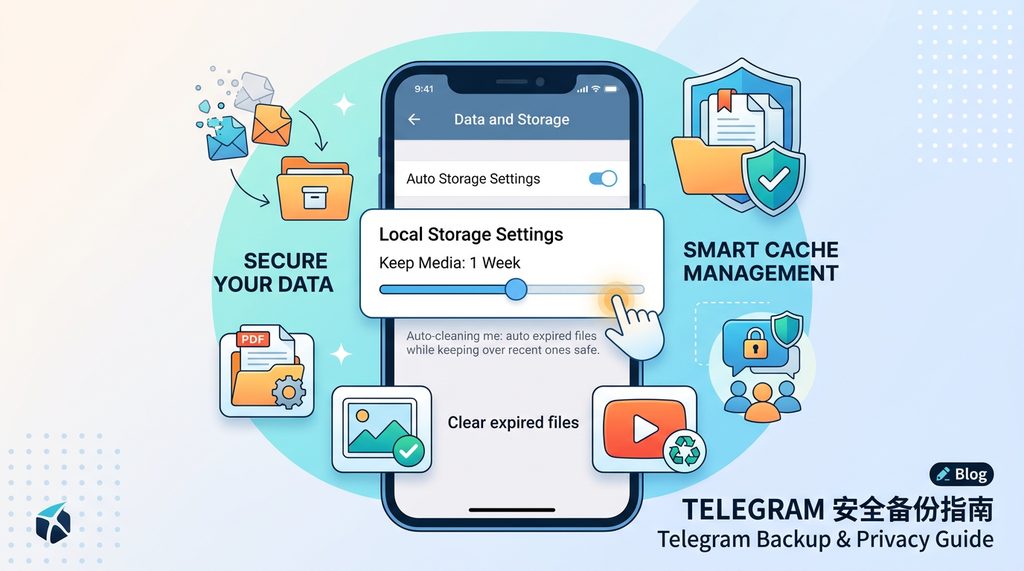 手机界面截图，展示Telegram数据与存储设置页面，滑动条正显示自动清理缓存选项