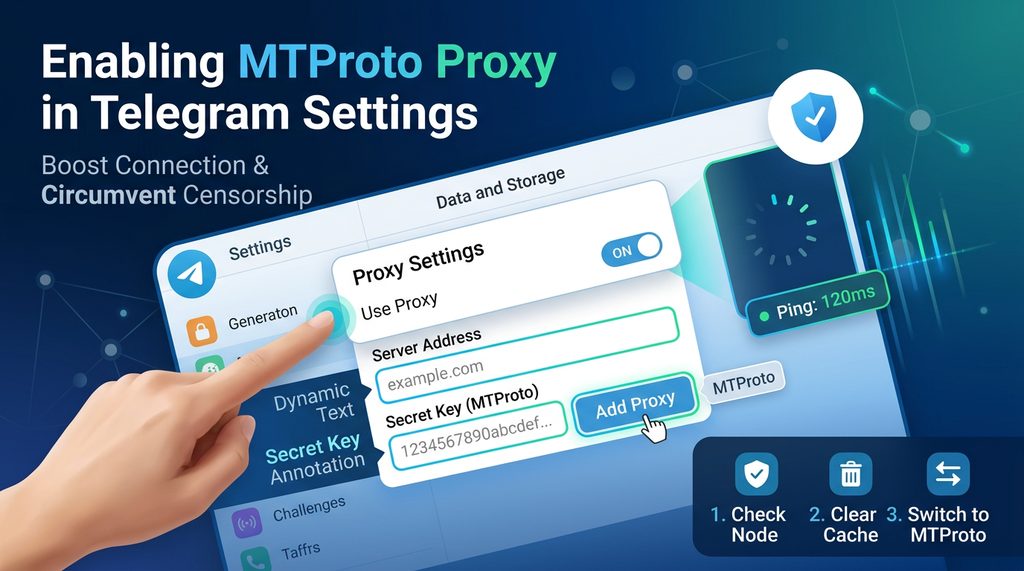 Telegram设置界面中,开启MTProto代理功能的动态示意图,显示服务器地址和密钥输入框