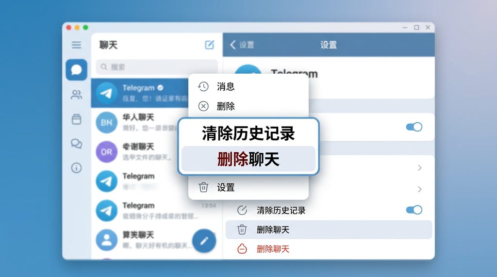 Telegram 应用设置界面，高亮显示“清除历史记录”和“删除聊天”选项的菜单弹窗，专业且清晰
