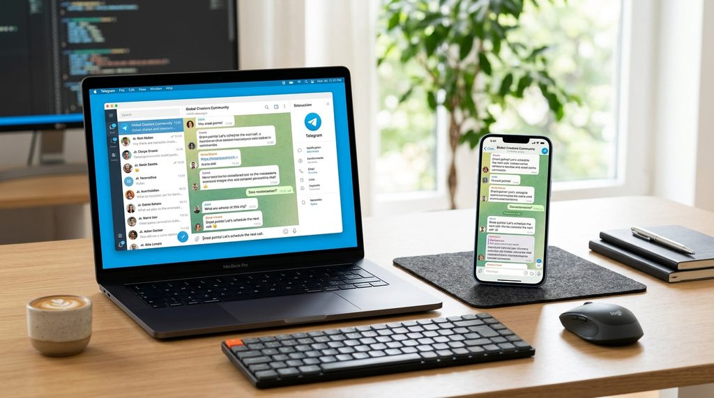 一个办公桌面上同时放置手机和电脑,屏幕显示正在使用Telegram进行群组沟通,画面简洁明亮