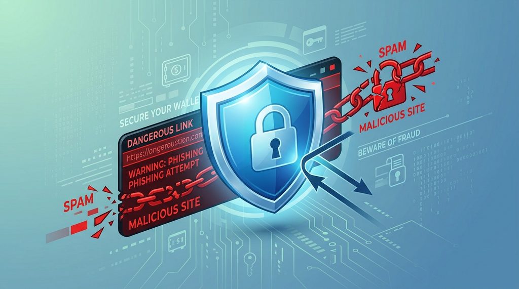 一张防范电信诈骗的插图，显示一个危险链接被盾牌图标遮挡，背景为简洁的科技风