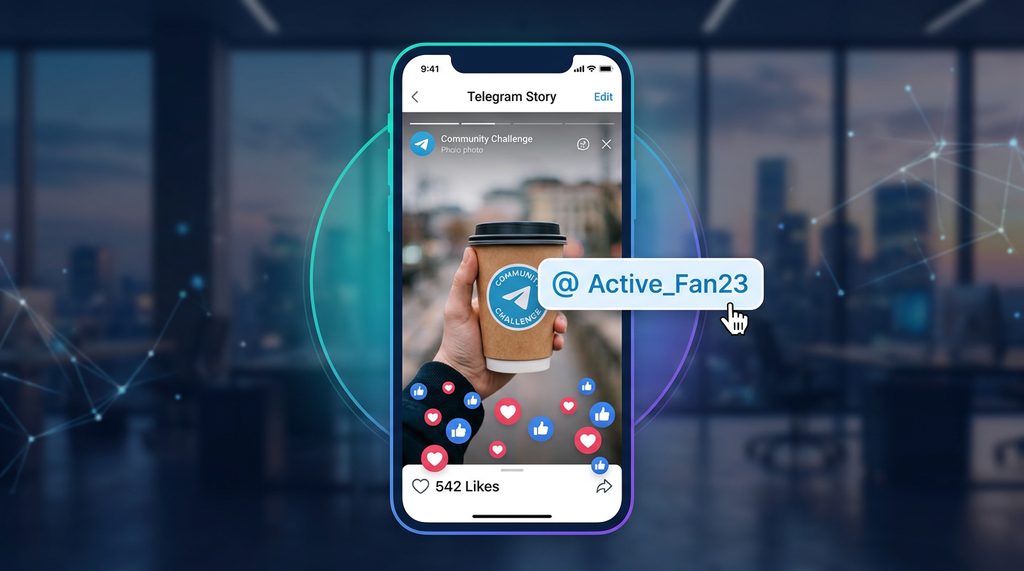 Telegram Story 编辑界面，正在标注一个粉丝的用户名，屏幕下方显示着互动的点赞反馈，现代