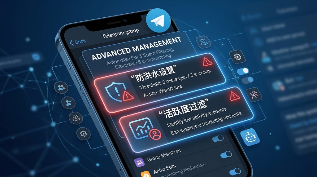 手机屏幕显示Telegram群管理面板，上面有几个红色的警告图标，标注着“防洪水设置”和“活跃度过滤