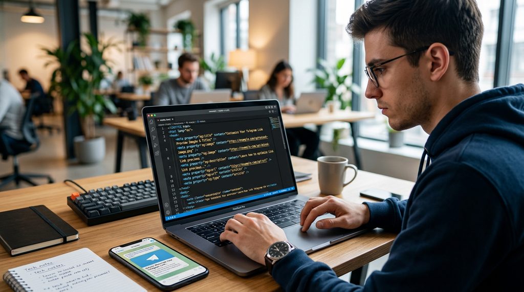 程序员在笔记本电脑上调试网页代码，屏幕显示 HTML 代码行与 OG 标签设置的特写