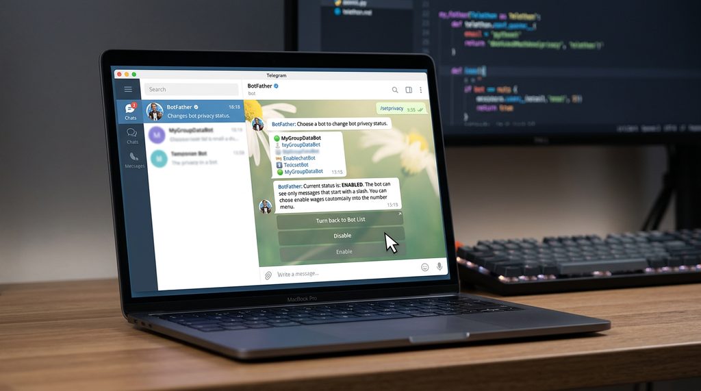 电脑屏幕显示Telegram BotFather的菜单设置,光标点击Disable Privacy