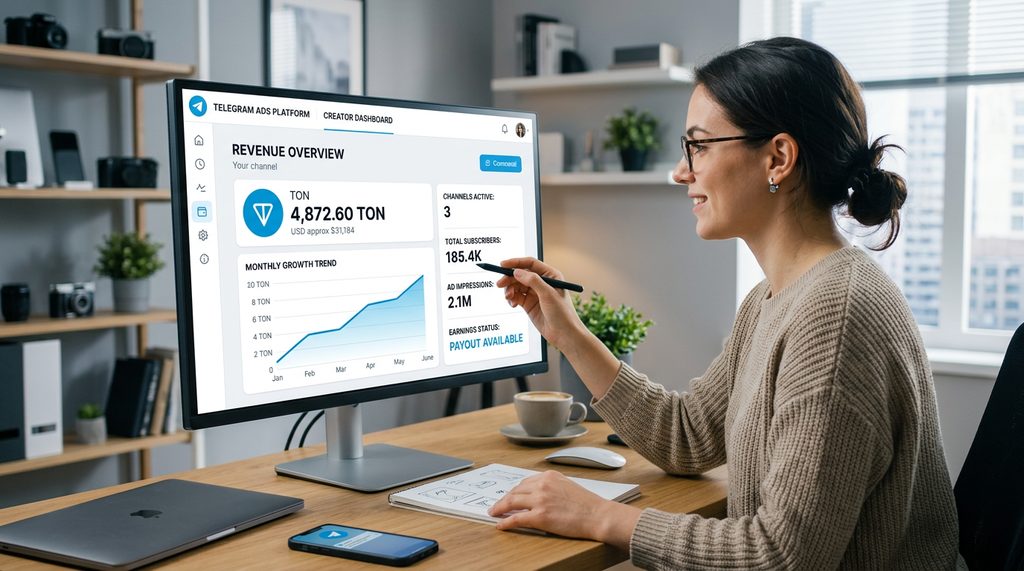 一位数字创作者在电脑前查看Telegram后台收益界面，屏幕上清晰显示TON代币图标与增长趋势图表，
