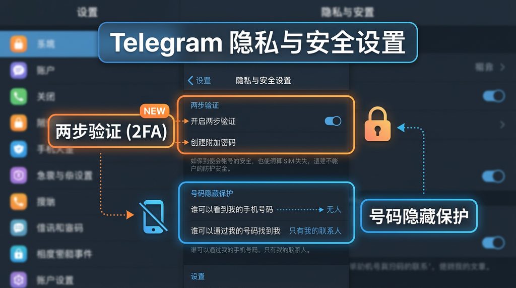 展示Telegram隐私设置界面的操作截图，高亮显示两步验证和号码隐藏选项，体现专业隐私保护逻辑，1