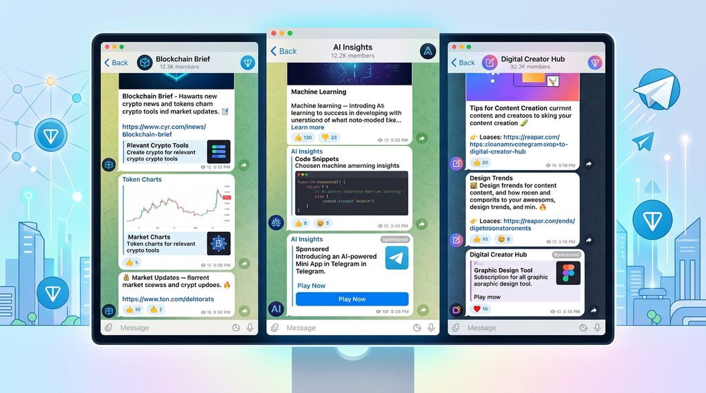 一组不同类型的Telegram频道界面展示，侧重于展现内容多样性与简洁的广告植入位置，色彩丰富，16
