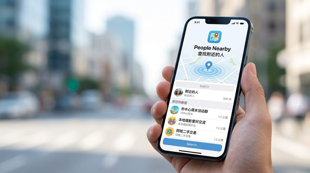 智能手机界面显示Telegram的“查找附近的人”功能页面，屏幕呈现地图定位图标和搜索列表的简洁UI