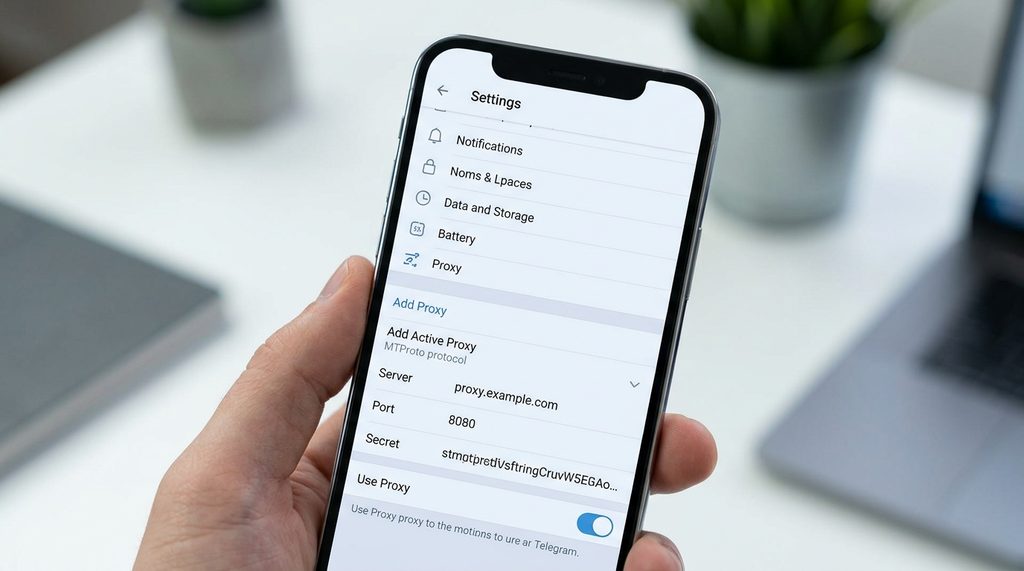 一台智能手机上打开 Telegram 设置菜单,展示代理服务器(Proxy)配置选项的特写画面,界面