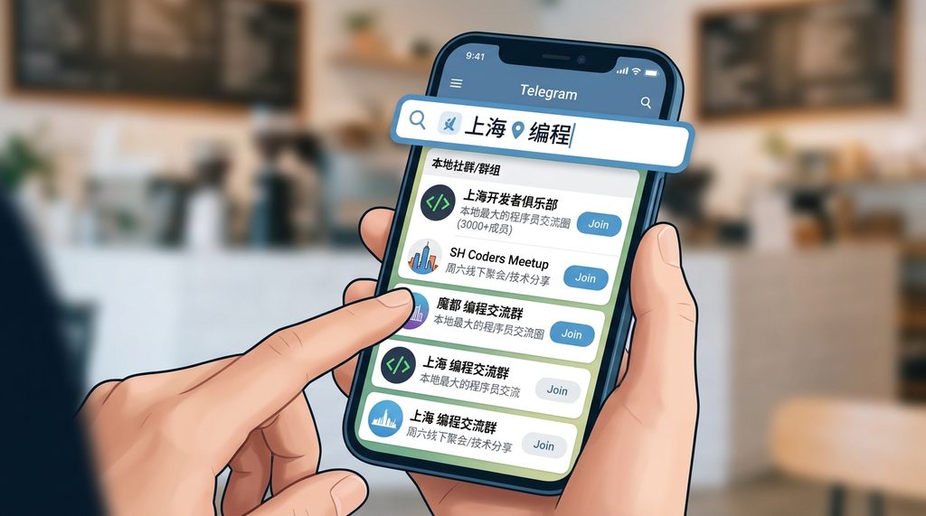 Telegram搜索栏输入地理位置加关键词的演示截图，展示出多个匹配的本地社群列表