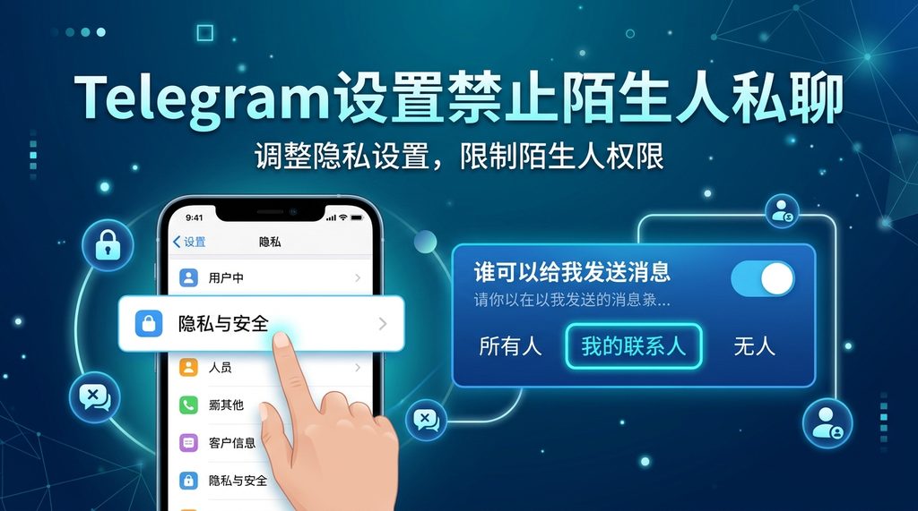 展示 Telegram 隐私设置界面的手机截图，高亮标注“隐私与安全”和“谁可以给我发送消息”选项，