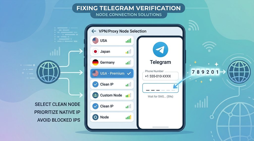 一张展示手机更换网络节点连接Telegram的示意图，简洁明了的UI风格