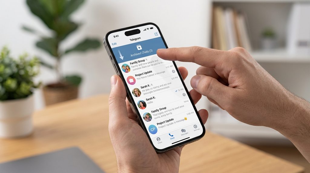 手持智能手机演示 Telegram 聊天列表下拉触发归档入口的操作截图，界面简洁直观