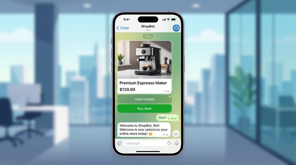 一个手机屏幕展示Telegram聊天界面，其中包含一个带有精美图片和购买按钮的机器人交互卡片，设计简