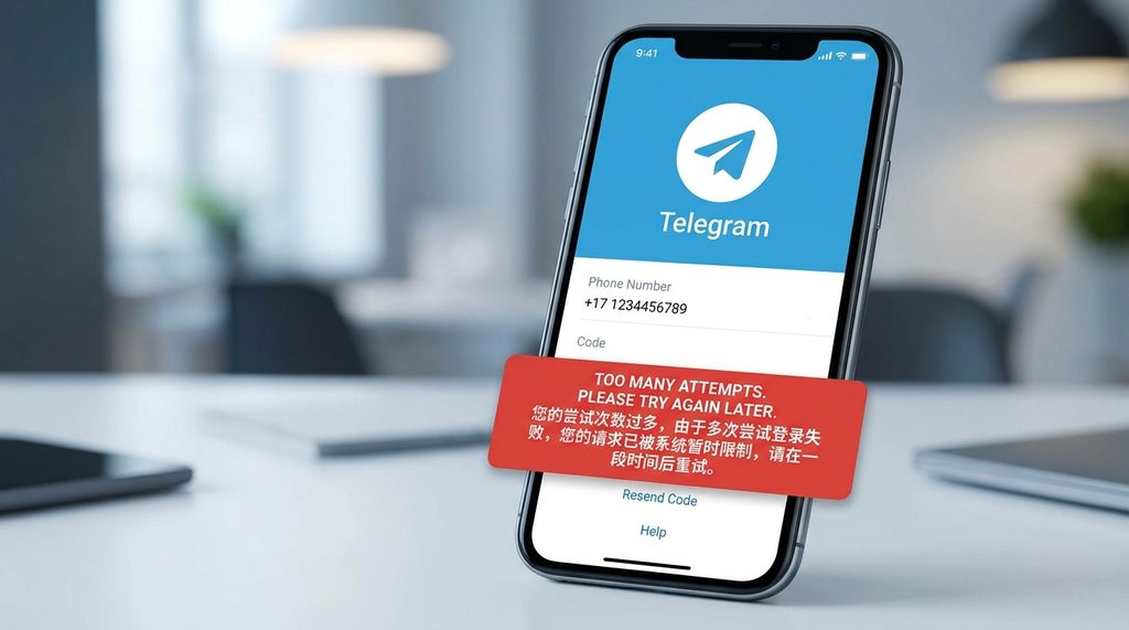 Telegram官方登录界面提示“尝试次数过多”的红字警示框，界面清晰可见
