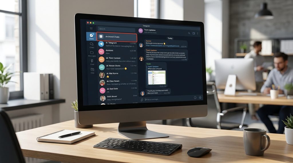电脑桌面端 Telegram 界面，展示左侧边栏顶部的已归档对话文件夹入口，专业办公场景