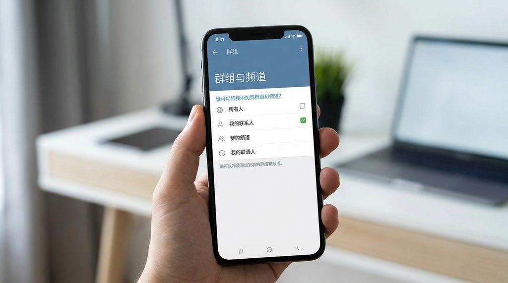 手机屏幕显示 Telegram 群组权限管理页面，勾选“我的联系人”选项的示意图