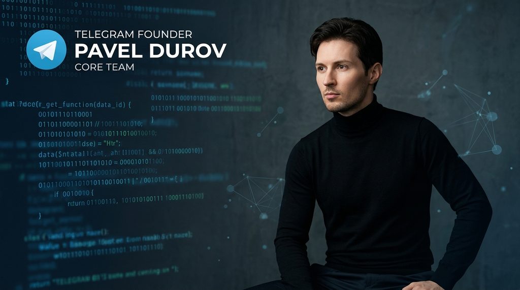 一张展示 Pavel Durov 极简主义风格的照片，背景带有现代数字代码线条，体现极客与科技感