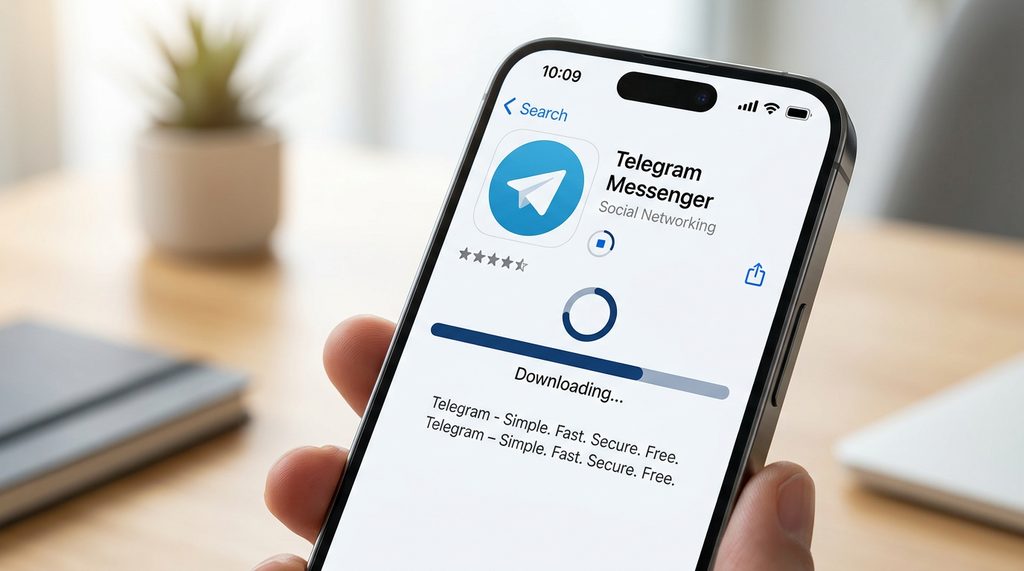 一台苹果手机显示 App Store 下载界面，屏幕上显示安装进度条的特写，背景简洁明亮