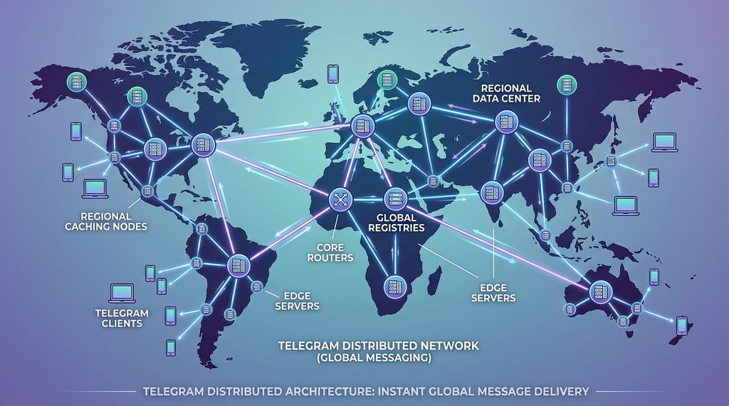一个复杂的服务器网络拓扑示意图，展示 Telegram 分布式架构如何实现全球消息即时传输
