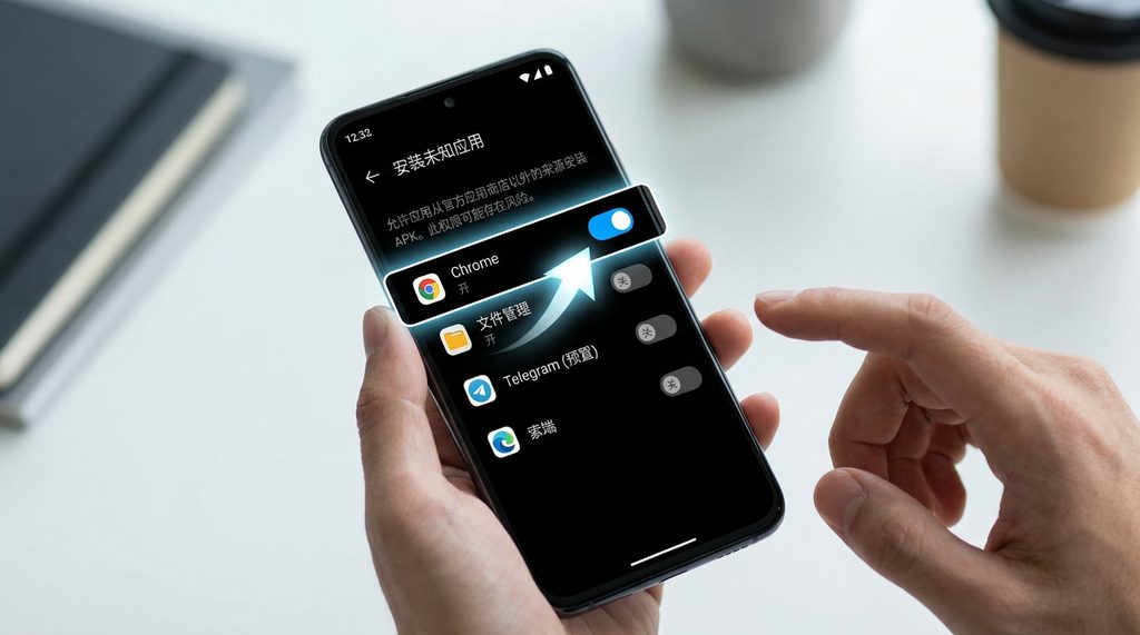 安卓手机设置界面，高亮显示“安装未知应用”权限开启开关的特写，界面语言为中文