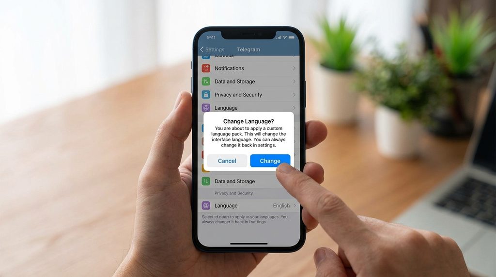 手机屏幕显示Telegram设置界面,正在点击语言切换弹窗的示意图,背景模糊处理
