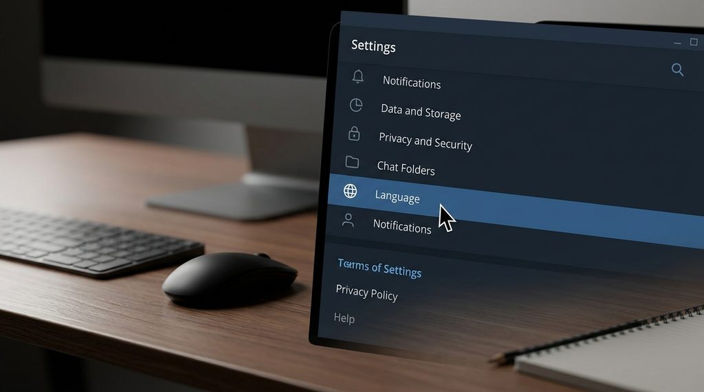 电脑桌面上打开Telegram设置页面的特写,鼠标指向Language选项,屏幕呈现清新简洁的深色模