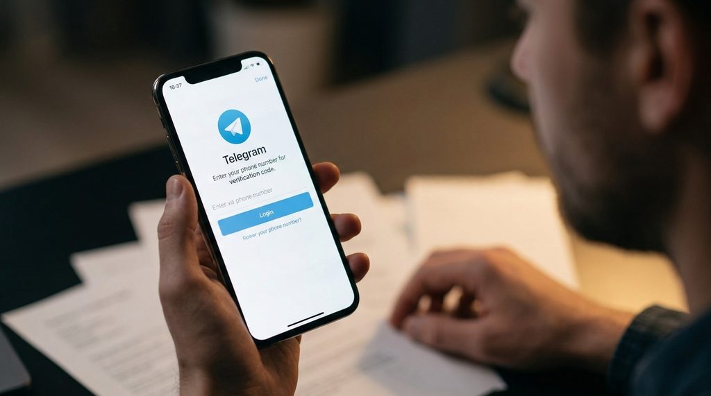 智能手机屏幕显示Telegram登录界面，背景模糊，光线柔和，表现出用户焦虑等待找回账号的状态