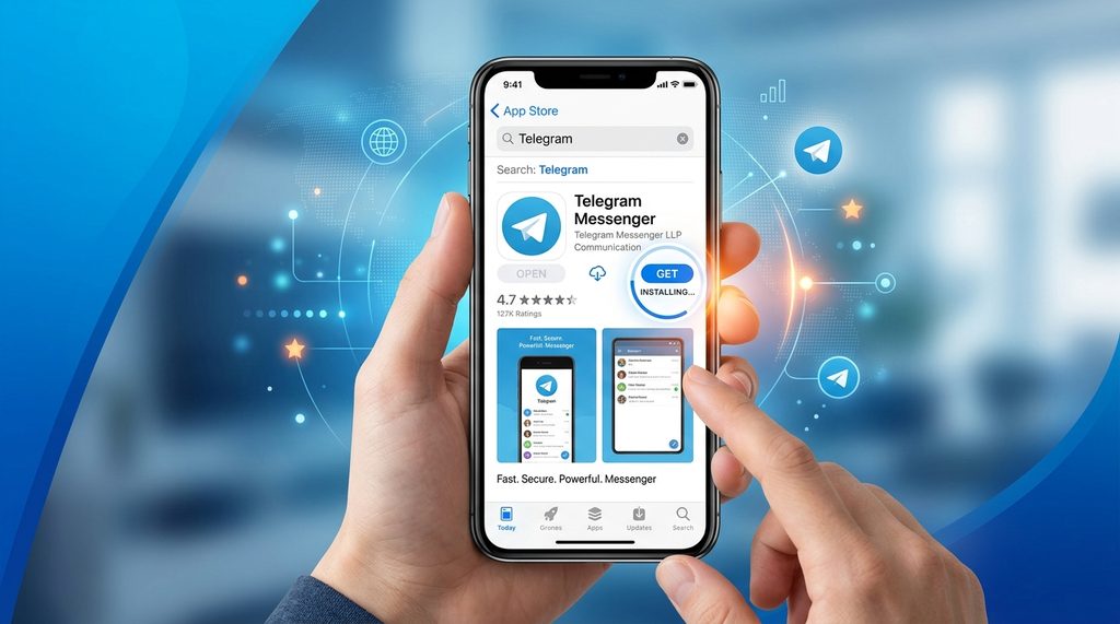 手机屏幕展示在官方应用商店中搜索并下载Telegram的界面,界面清晰简洁
