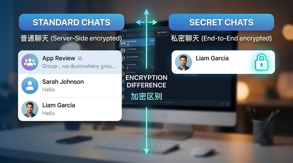 展示Telegram界面中，私密聊天锁头图标与普通聊天列表的对比图，简洁明了的UI设计