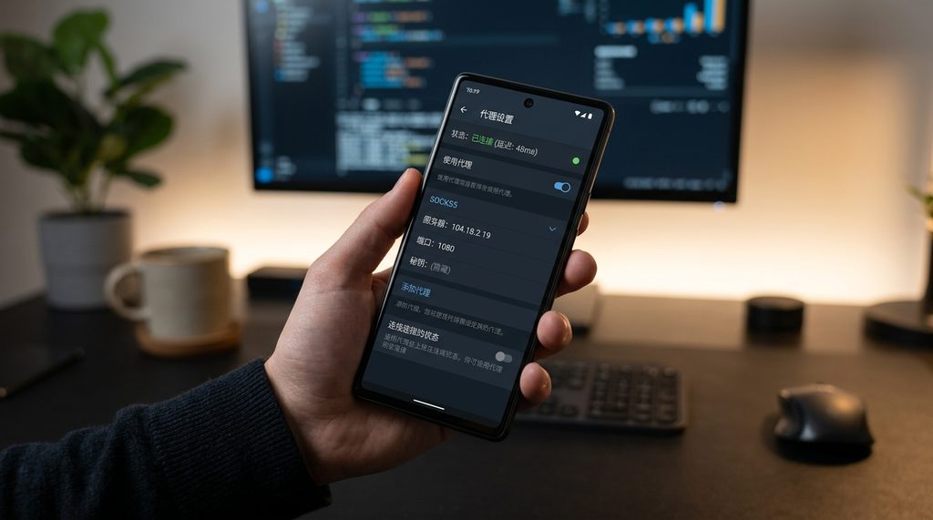 一部智能手机显示 Telegram 网络代理设置界面的特写，界面上有服务器地址、端口和连接状态开关，