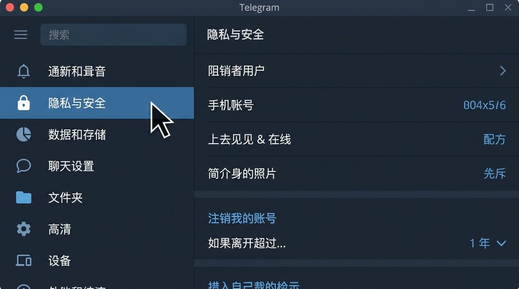 Telegram电脑端设置菜单界面，鼠标光标悬停在隐私与安全选项上，清晰展示UI交互细节