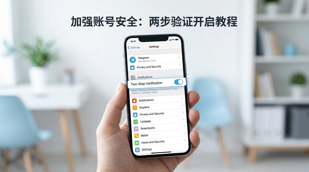 手机设置界面中展示两步验证(2-Step Verification)开启开关,背景简洁明亮