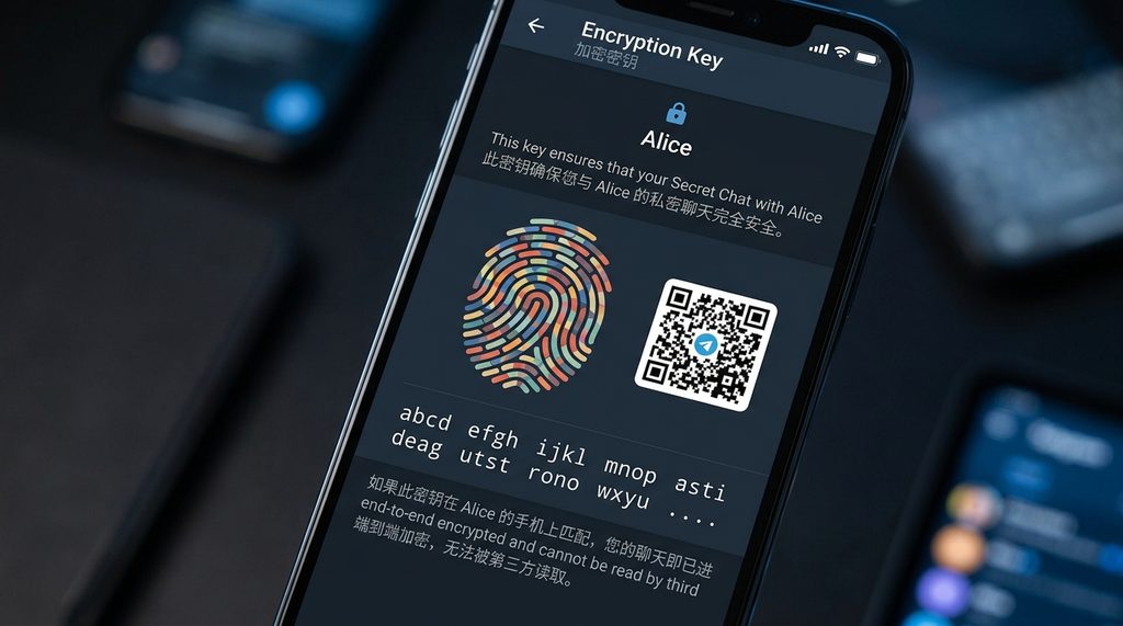Telegram加密密钥页面截图，展示字符编码与二维码，背景为深色模式