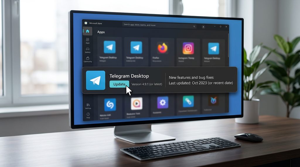 电脑桌面上打开的应用商店更新页面，光标正悬停在 Telegram 的更新按钮上，体现版本更新的重要性